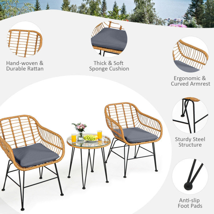 3 Pieces Rattan Furniture Set With Cushioned Chair Table