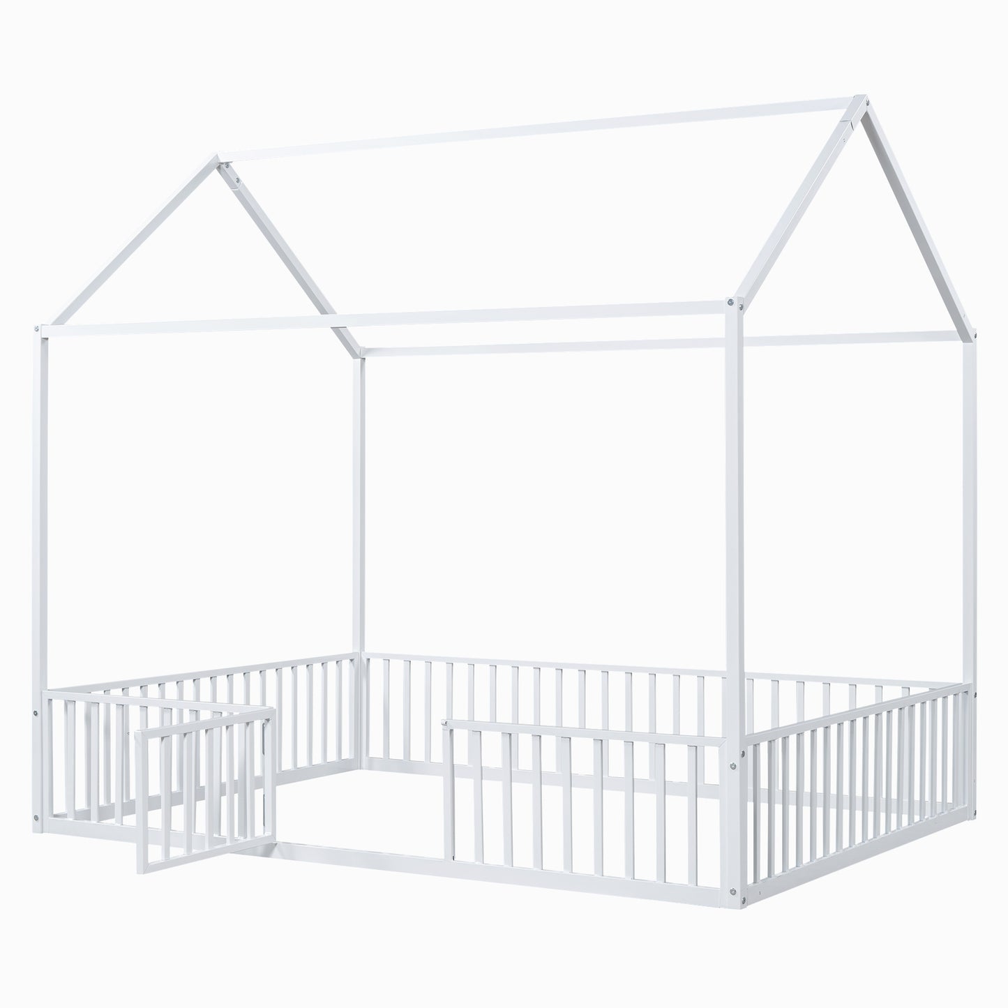 Full Size Metal House Bed With Fence And Door, White