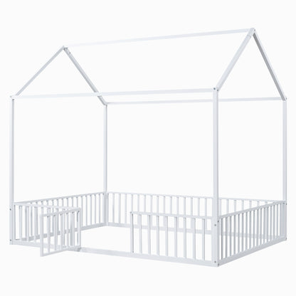 Full Size Metal House Bed With Fence And Door, White
