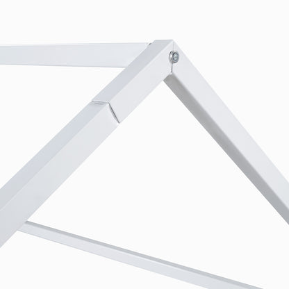 Full Size Metal House Bed With Fence And Door, White