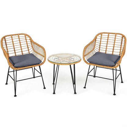 3 Pieces Rattan Furniture Set With Cushioned Chair Table