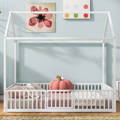 Full Size Metal House Bed With Fence And Door, White