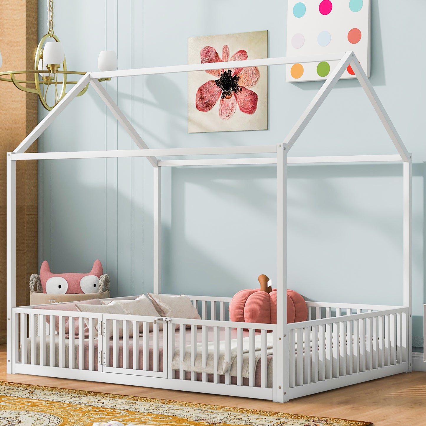 Full Size Metal House Bed With Fence And Door, White