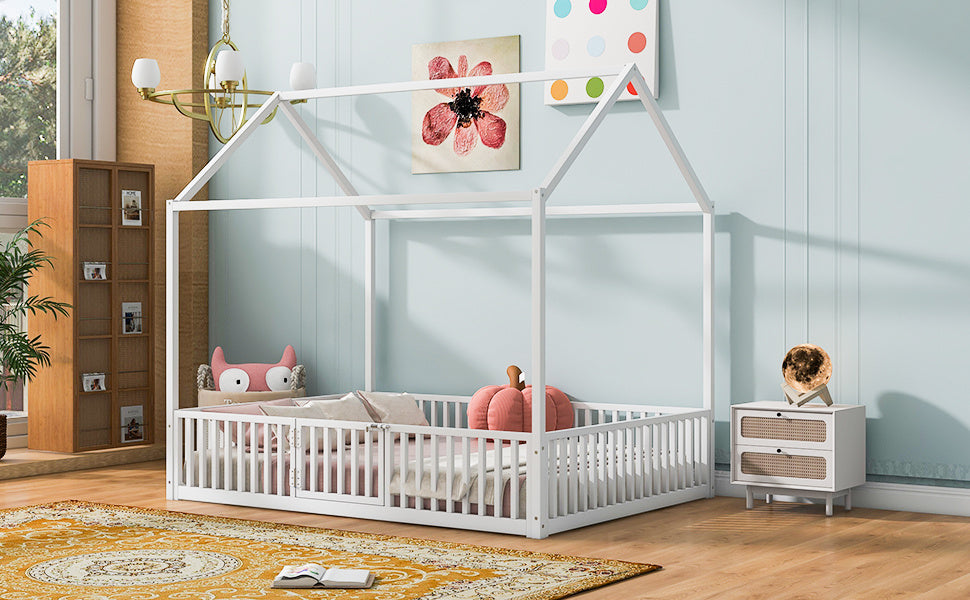 Full Size Metal House Bed With Fence And Door, White