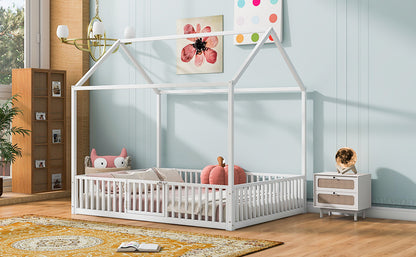 Full Size Metal House Bed With Fence And Door, White