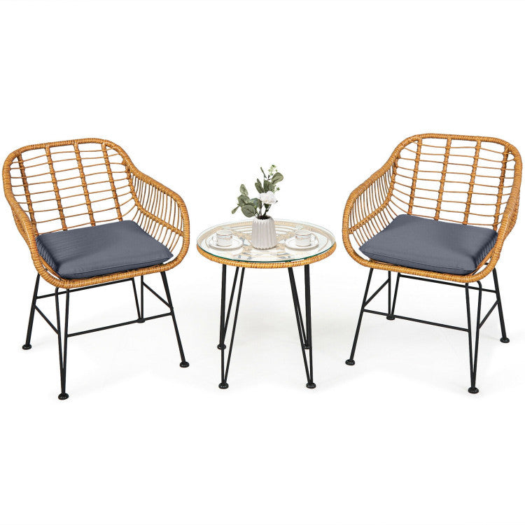 3 Pieces Rattan Furniture Set With Cushioned Chair Table