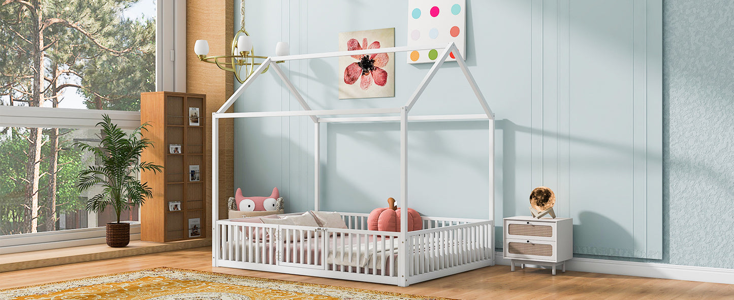 Full Size Metal House Bed With Fence And Door, White