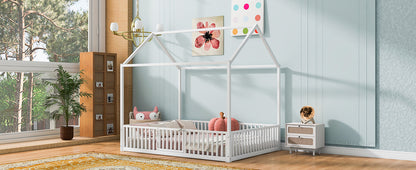 Full Size Metal House Bed With Fence And Door, White